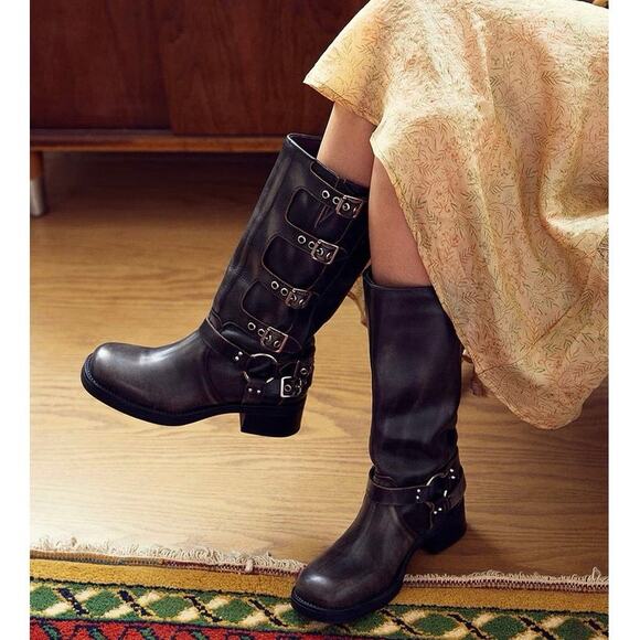 Steve Madden Rocky Distressed Leather Buckle Hardware Tall Moto Engineer Boots - Picture 2 of 16